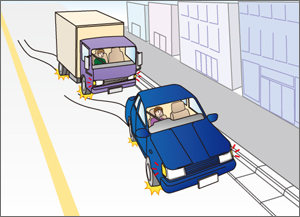 非常点滅表示灯をつけるなどして周囲の車に注意を促した後、急ブレーキを避け、緩やかに速度を落としましょう